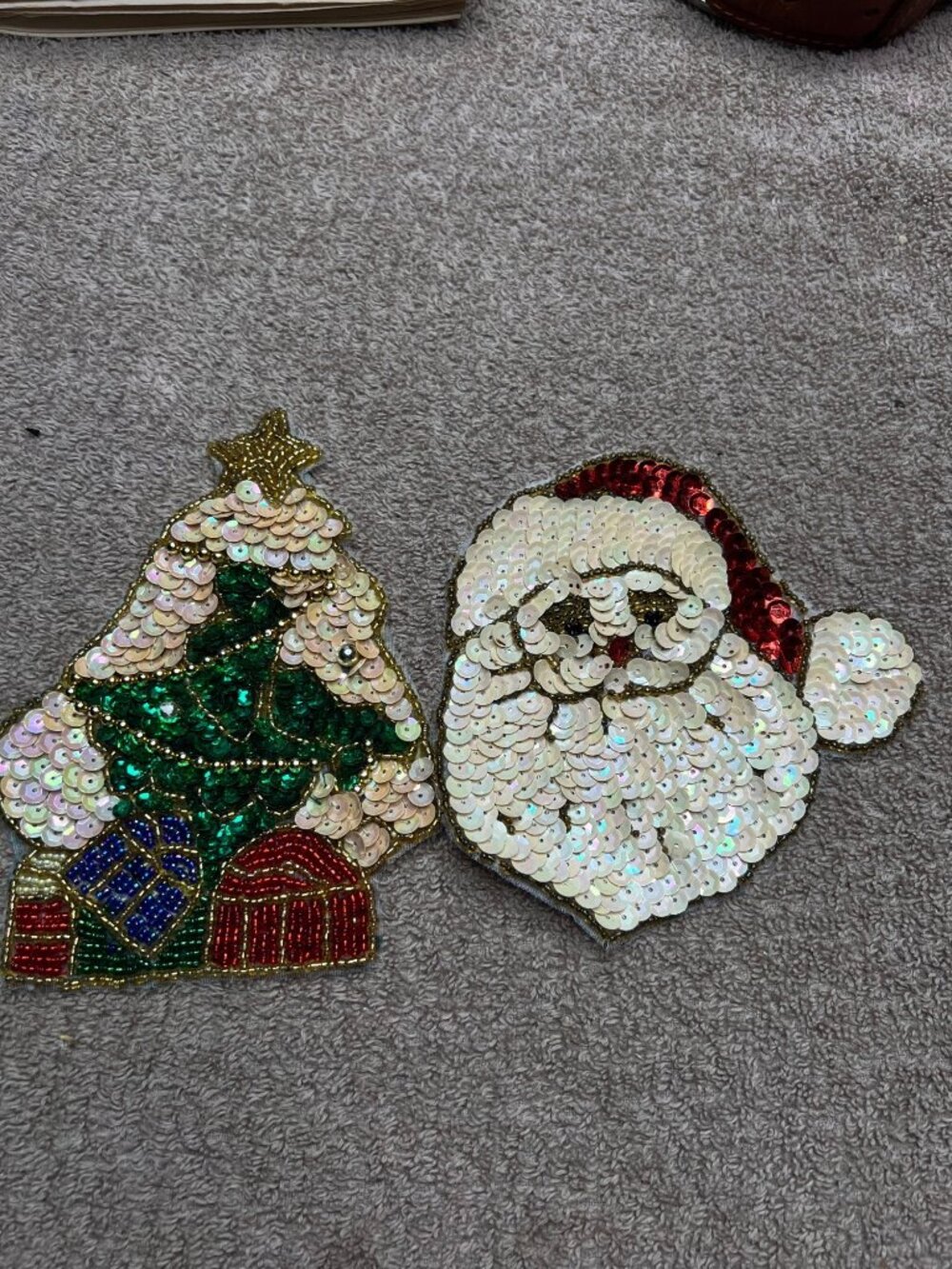 Vintage Sequin Santa and Tree Appliqué Brooch Pins Festive Detailing Handmade